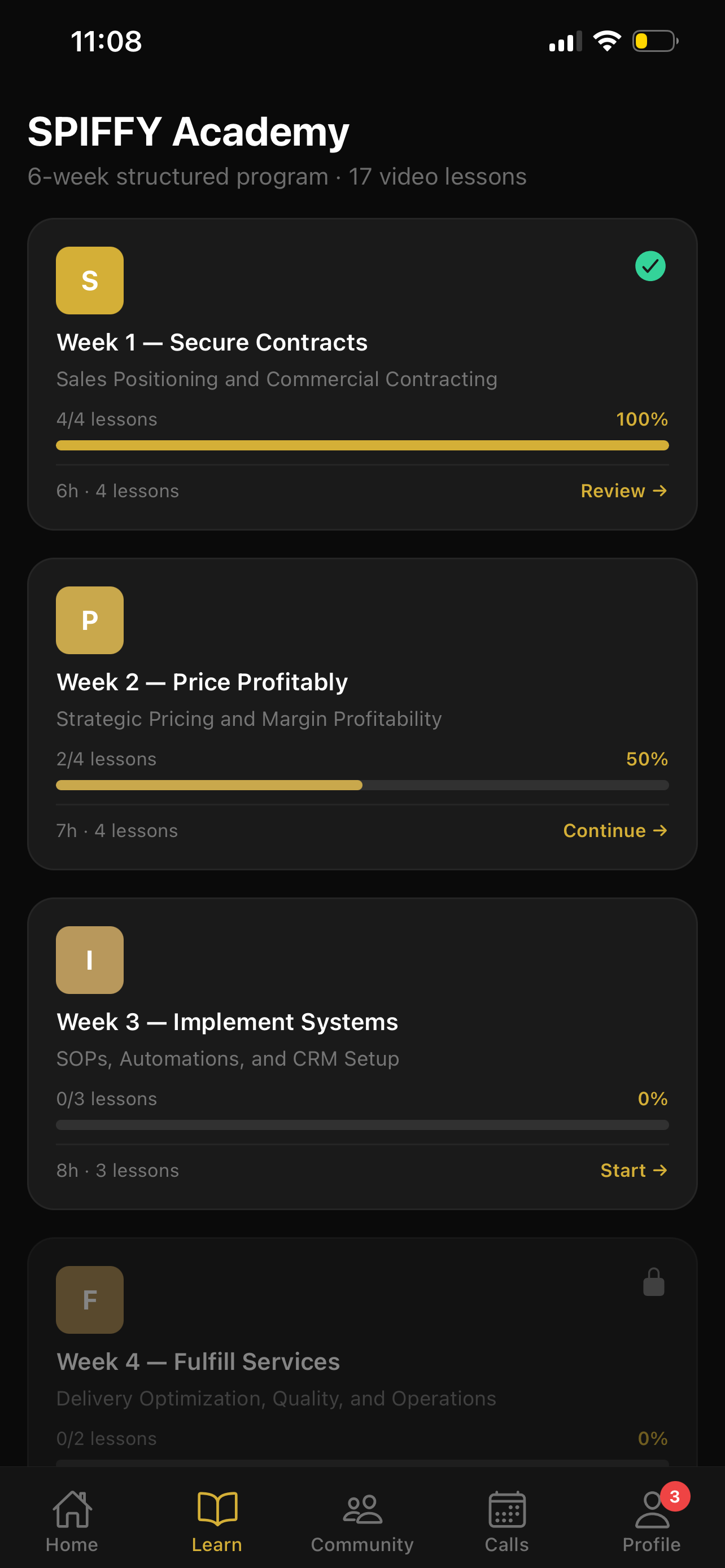 Spiffy Academy learn screen with 6-week SPIFFY program