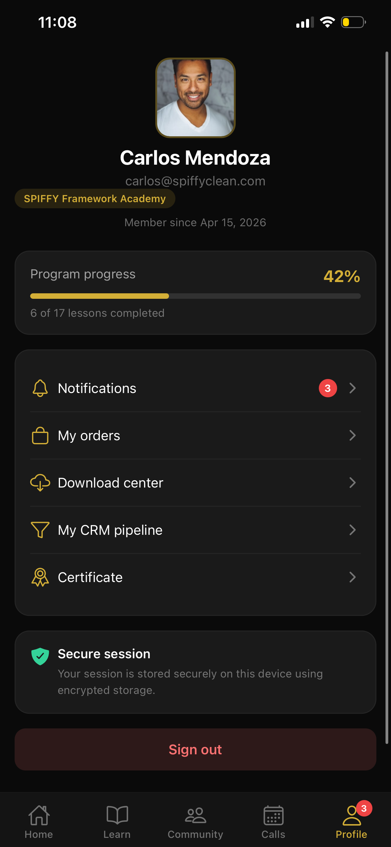 Spiffy Academy mobile profile with orders CRM and certificate